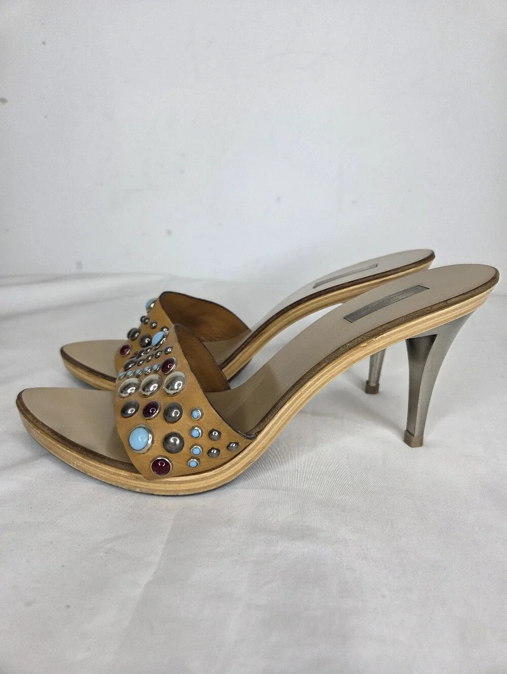 Mario Bologna Size 40 Studded Tan Slide Mules with Multicolor Gem Accents - Picture 1 of 14